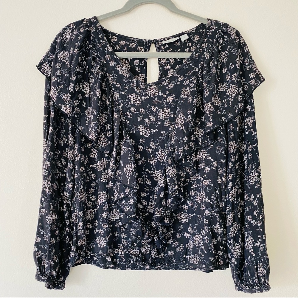 Hinge floral print bohemian Ruffle front long sleeve blouse top black - Picture 6 of 8